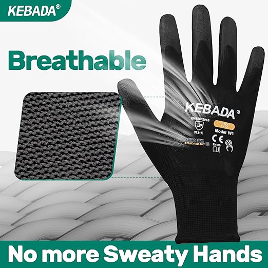 Kebada Safety Work Gloves,120 Pairs Bulk Pack, Touchscreen, PU Coated, Ideal for Warehouse, Construction, Gardening and Mechanics, Black, Large
