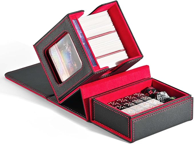 ZLCA MTG Commander Deck Box with Display Window, Deck Box Holds 100 Double-Sleeved with Dice Tray & 35pt Magnetic Card Holder（Black& Red）