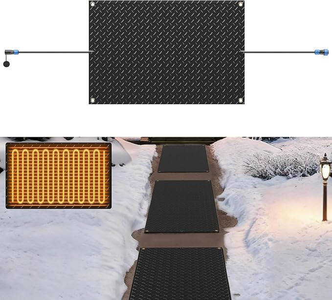 Snow Melting Mats Outdoor for Walkways Decks and Sidewalks, 20 x 30 in No-Slip Heated Outdoor Mats with 10 ft Power Cord, 3 in/h Speed Snow and Ice Melting Pads for Winter Backyards Snow Removal