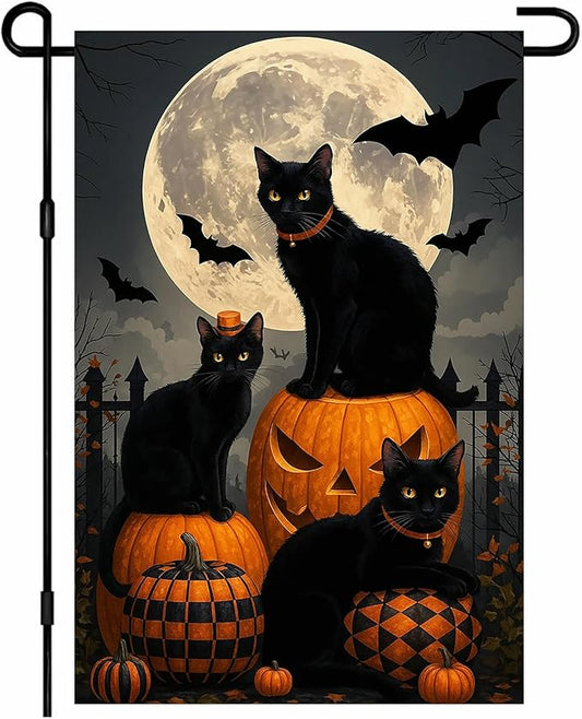 IVN Happy Halloween Garden Flag 12x18 Inch Double Sided Black Cat Pumpkin Bat Full Moon Gothic Graveyard Outdoor Yard Flag for Outside Front Door Lawn Porch Patio Welcome Decor