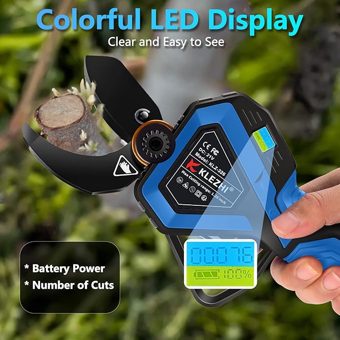 Cordless Electric Pruning Shears with Colorful LED Dispaly,Cut capacity of 32mm / 1.26inches, 2 x 2 Ah Lithium Rechargeable Battery 8-10 Working Hours Black