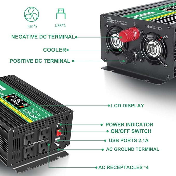 JIGUUN Power Inverter 2000 Watt, DC 12V to AC 120V Pure Sine Wave Inverter with LCD Display, 4 AC Outlets&USB Output, Power Converter with Remote Control for RV Emergency Camping. (PRO2000W-12)