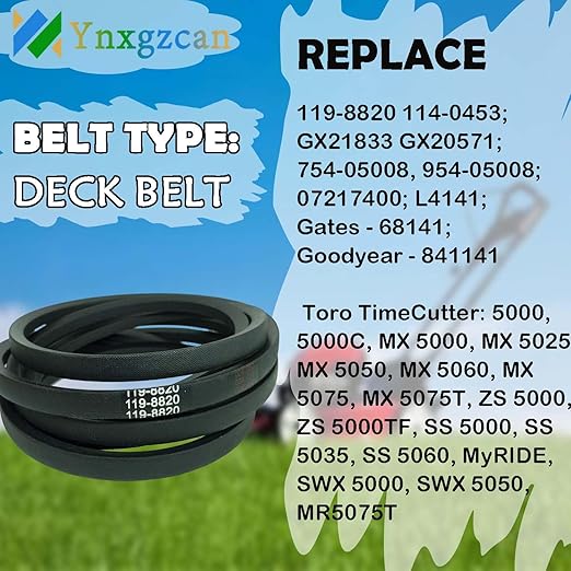 119-8820 1/2" W X 141.5" L Deck Belt for Toro TimeCutter SS5000 MX5000 5000 MX5060 75750 Exmark Quest Toro Zero Turn Mowers with 50 Inch Decks 119-8820-SL Deck Belt 114-0453 GX21833 GX20571