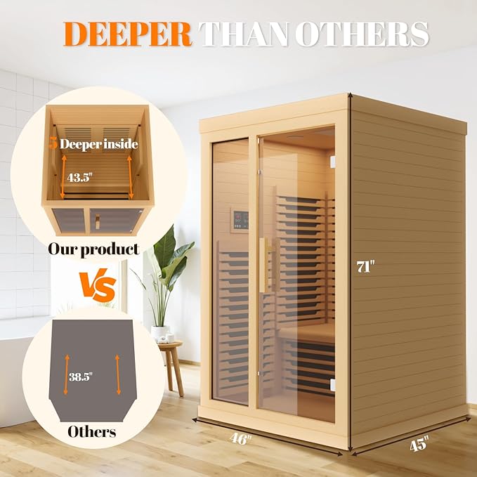 Far Infrared Wooden Sauna Low EMF- 2 Person Personal Sauna for Home Use, Full Spectrum Infrared Sauna, Dual Tempered Glass & Bluetooth Speakers - Indoor Sauna 2000W, Brown