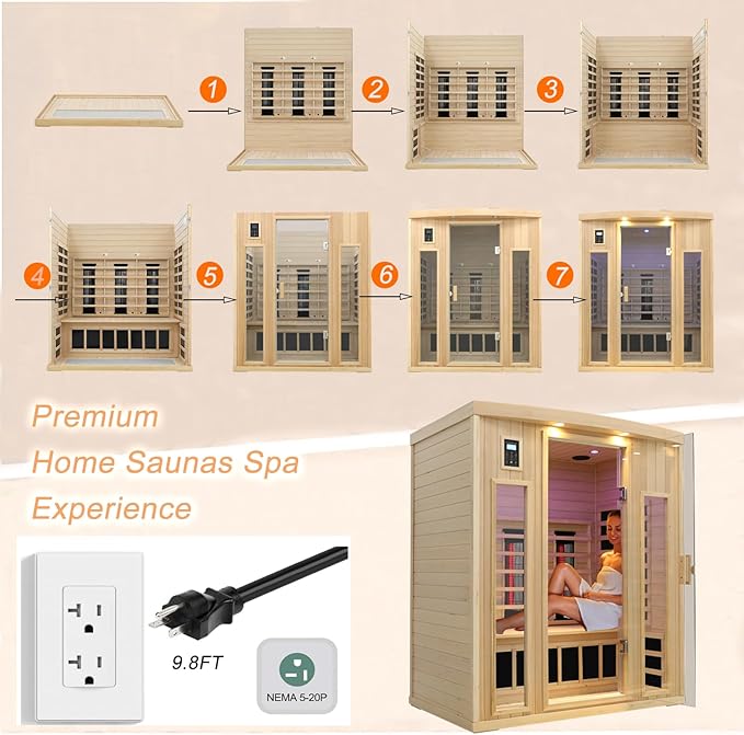 Ceramic Infrared Sauna 3 Person, Low EMF Infrared Saunas for Home, Hemlock Indoor Sauna Room, 2- in - 1 Heating Panels, Bluetooth Speakers, Chromotherapy Lights