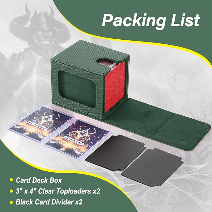 MTG Deck Box, Double Display Window MTG, Commander Deck Box Fits 120+ Single Sleeved Cards, PU Leather Magnetic Closure Card Box with 2 Dividers&2 Toploaders for TCG, CCG, Green