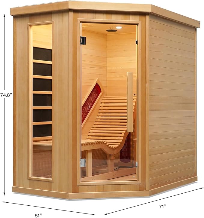 Corner Sauna 1 Person, Infrared Wooden Sauna, Luxurious Canadian Hemlock Home Saunas, 2300 W 8 Heating Element, Low EMF Full Size Indoor Spa(Left Recliner)