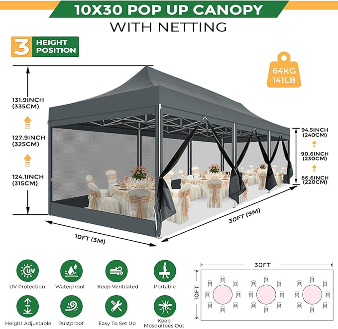 COBIZI 10x30 Heavy Duty Pop Up Canopy Tent with 8 Sidewalls, Commercial Gazebo Party Tent with Mosquito Netting Wall Easy Set Up Outdoor Instant Screen Tent for Backyard, Patio, Garden, Gray