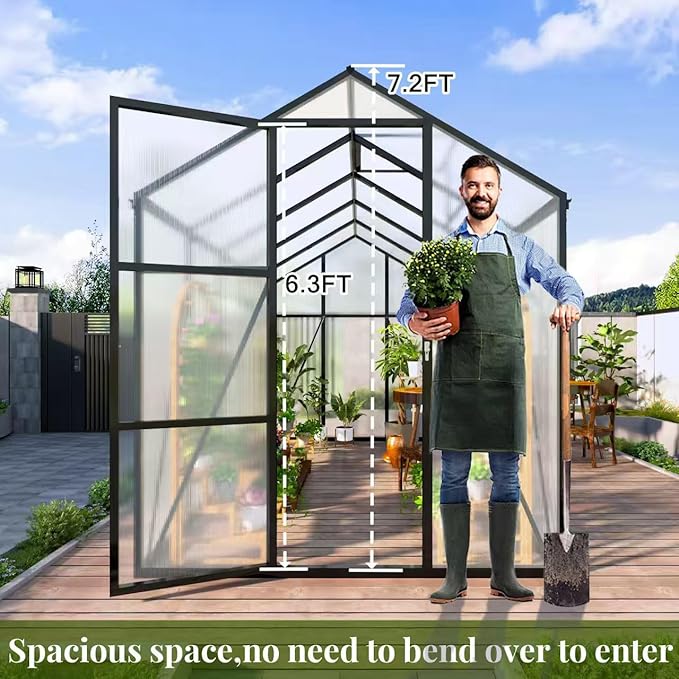 7.2FT High 6*8.2FT Greenhouse for Outdoors,Polycarbonate Greenhouse with Stronger Wind Protection and Roof Vent,Walk-in Large Aluminum Sunroom Winter Proof,Black
