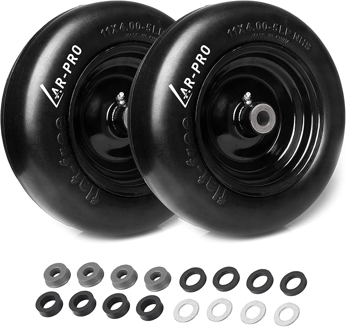 AR-PRO (2-Pack) 11x4.00-5 Flat Free Tire and Wheel, Universal 11x4-5 Solid Smooth Tractor Turf Tire with Rim, 3.4" Centered Hub and 3/4" & 5/8" Bushing, For Zero Turn Mowers and Riding Lawn Mower