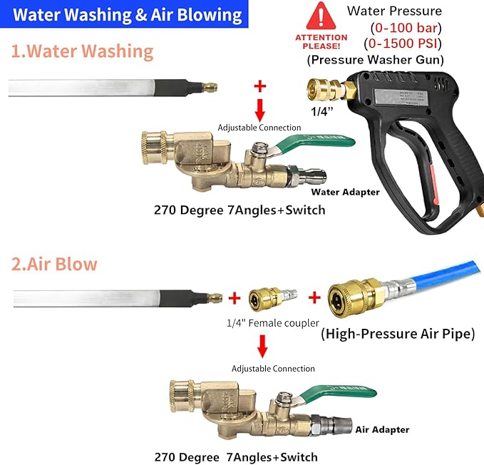 Lucstar Radiator Cleaning Wand,Radiator Genie Water Air Cleaning Wands, 24“ Wand+ 7 Angles Coupler+ Valve Switch, Air Filter Cleaner for Car Truck Power Washer Wand,Gutter Cleaning