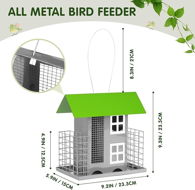Metal Bird Feeders for Outdoors Wild Bird Feed with 2 Suet Cage Cake Squirrel Proof Hanging Feeder Large Capacity Wild Bird Feeder Easy Clean&Anti-Rust Attracting Birdhouse Green
