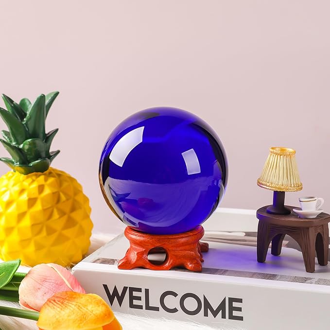 Dark Blue Crystal Ball 80mm/3.1 inch with Rose Wooden Stand and Gift Box for lensball Photography,Fortune Teller,Feng Shui, Witchcraft Decor,Scrying,Magic,Quartz Glass Orb Prop Decorative Sphere