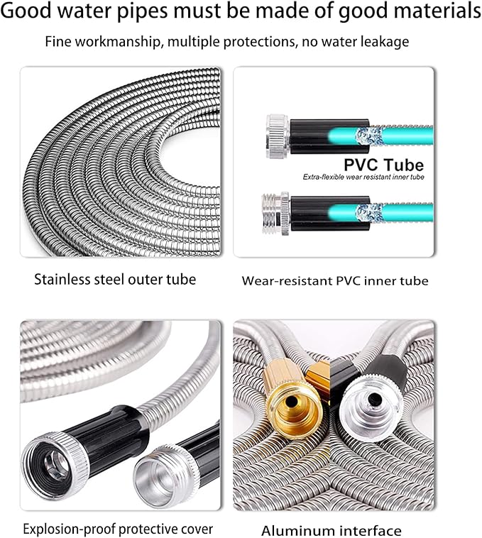 25ft Metal Garden Hose Stainless Steel Heavy Duty Water Hose With 2 Nozzles, No Tangle and Kink, Lightweight & Flexible, Tough and Pet Proof, Metal Garden Hose for Yard, RV, Garden, Outdoor