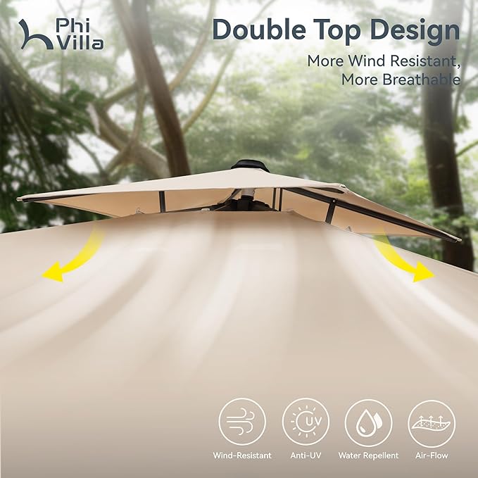PHI VILLA 9’ x 12’ Cantilever Patio Umbrella with Base, Outdoor Rectangular Heavy Duty Large Umbrella with Hydraulic Lift and 360° Rotation, Beige