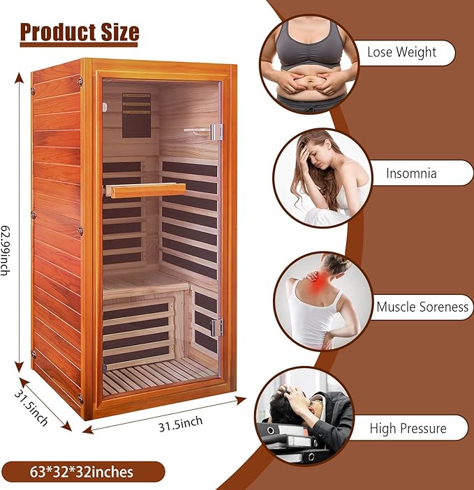 Far Infrared Home Sauna for 1 Person, 1065W 110V Indoor Spa Room, Wooden Dry Sauna with Red Light Therapy, Bluetooth Speaker, 31.5"x31.5"x63"