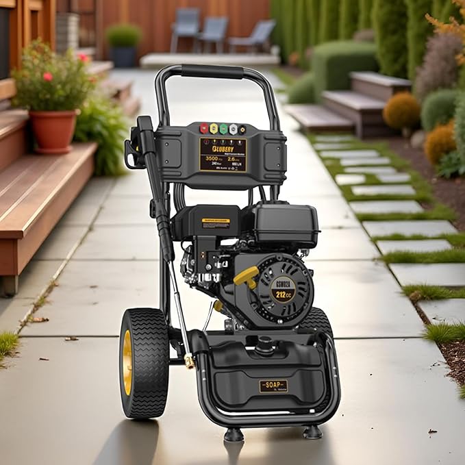 BLUBERY Gas Pressure Washer, 3500 PSI Pressure Washer，2.6 GPM Heavy Duty Power Washer, 30 feet Pressure Hose&Soap Tank,4-Stroke OHV 212cc Engine,Portable Industrial Style,Black