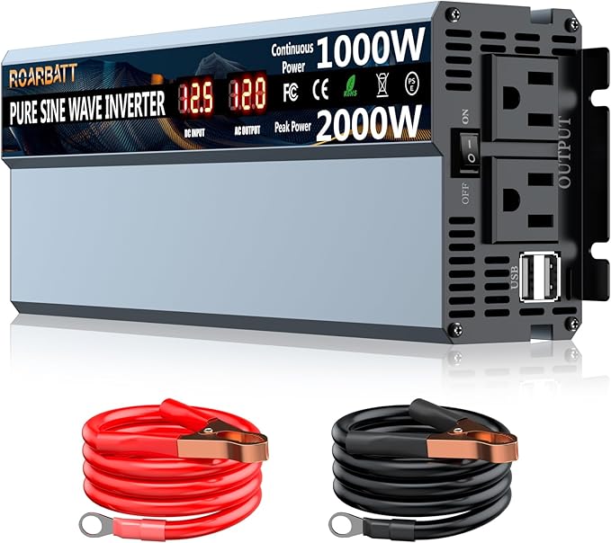1000W Pure Sine Wave Power Inverter 12V DC to AC 110V 120V Peak Power 2000W with 2 AC Outlets Car Inverter and Dual 3.4A USB Port Cooling Fans and LCD Display for Inverter Home RV Car Solar System