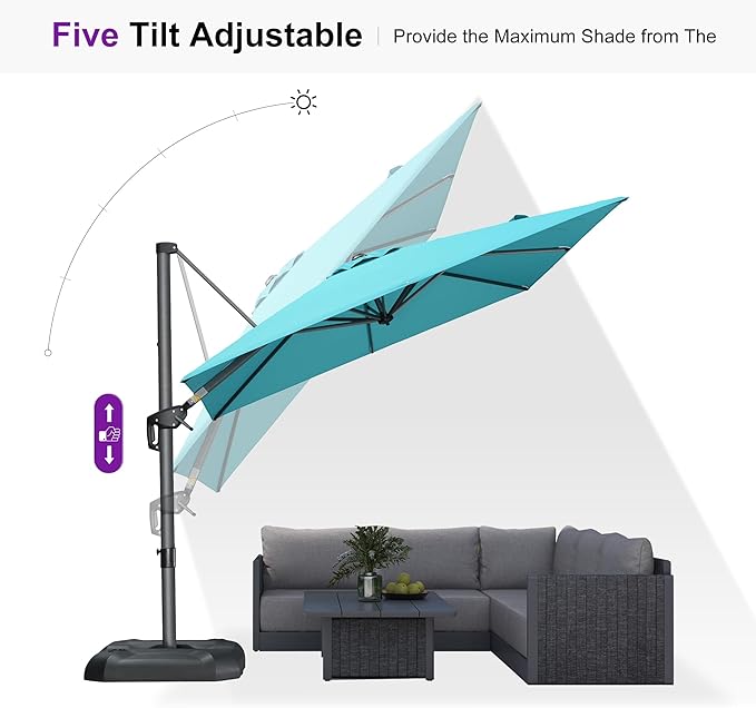 PURPLE LEAF 8'×8' Patio Cantilever Umbrella with Base Included Offset Outdoor Umbrella with cover Square umbrella outdoor patios for Backyard Pool Garden Turquoise Blue