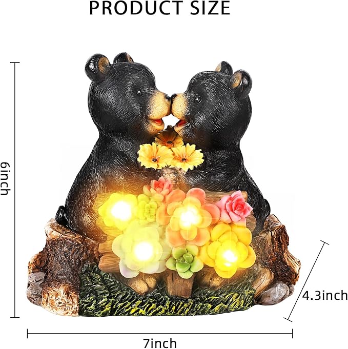 Solar Bear Garden Statues,Waterprrof Bear Outdoor Decor Resin Black Bear Figurine for Yard and Garden,Gifts for Mom, Women
