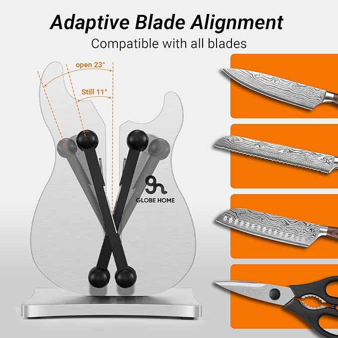 Professional Knife Sharpener for Kitchen, 3-Action Blade Sharpener with Tungsten Carbide, Auto Adjustable Brushed Stainless Steel Manual Sharpener for Serrated, Beveled, Standard Blades