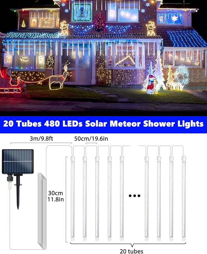 Flacchi Solar Meteor Shower Icicle Lights - 20 Tubes 480 LED Cascading Raindrop Lights, Outdoor Waterproof Christmas Decorations for Holiday Party (Cool White, Solar 20 Tubes)