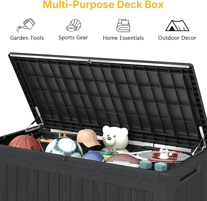 260 Gallon Deck Box Extra Large, Outdoor Storage Box Lockable, Patio Storage Box Waterproof and UV Resistant, 440lbs Load Capacity for Garden, Patio, Pool (Black)