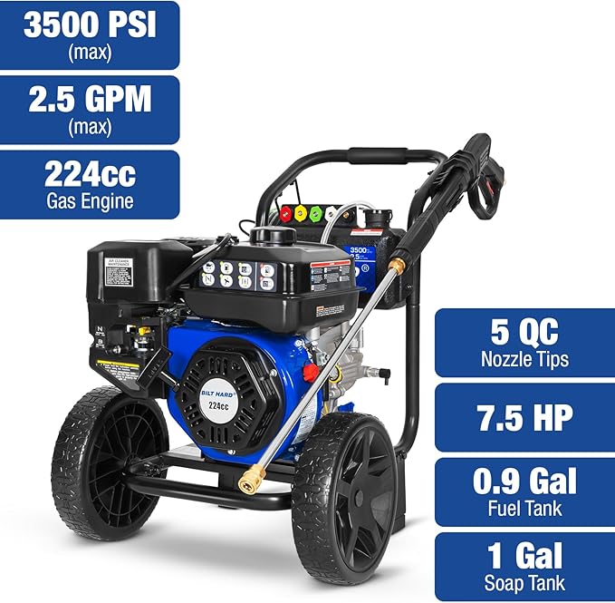 BILT HARD 3500 PSI 2.5 GPM Gas Power Pressure Washer, 224cc 4-Cycle Engine, Heavy Duty Gas Pressure Washer with Spray Gun and Wand, 5 Quick Connect Nozzle Tips, 3/5"×25' Hose, 49-State