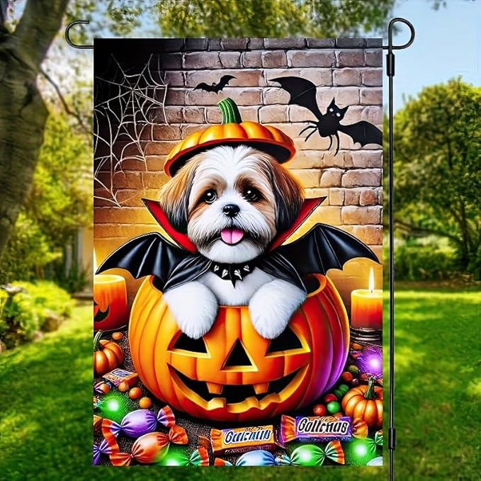 Happy Halloween Garden Flag 12x18 Double Sided Dog Pumpkin Garden Flag for Outside Witch Hat Small Flag for Outdoor Holiday Home Decor Banner
