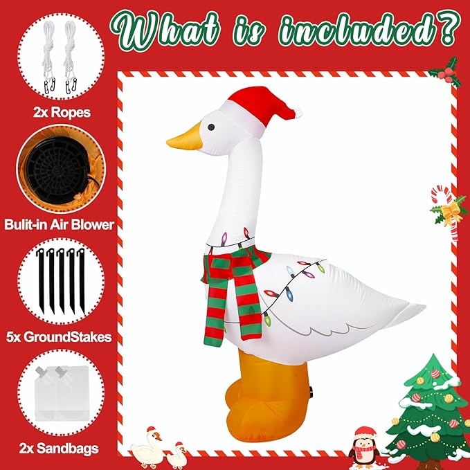 6Ft Christmas Goose Inflatable with Built in LED Lights Goose Xmas Blow-Up Lawn Decoration for Winter Home Garden Yard Holiday Party Indoor Outdoor Decor