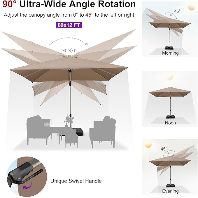 PURPLE LEAF 9' X 12' Left-right Tilting Patio Umbrella with Base Outdoor Swivel Cantilever Offset Aluminum Umbrella with Champagne Frame and 360-degree Rotation for Garden Deck Pool, Taupe