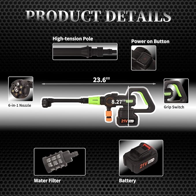 Cordless Pressure Washer with Grip,652 PSI Power Cleaner with 3-Speed Adjustment,6-in-1 Nozzle,21V Rechargeable 4.0Ah Battery High-Pressure Car Washer Gun for Home/Floor/Car Cleaning&Watering
