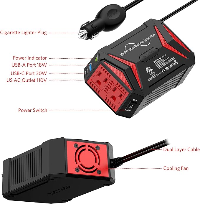 BESTEK 300W Pure Sine Wave Power Inverter - DC 12V to 110V AC Car Converter Plug Adapter Outlet with PD30W USB-C Fast Charger - Vehicle Cigarette Lighter Adapter for Laptop