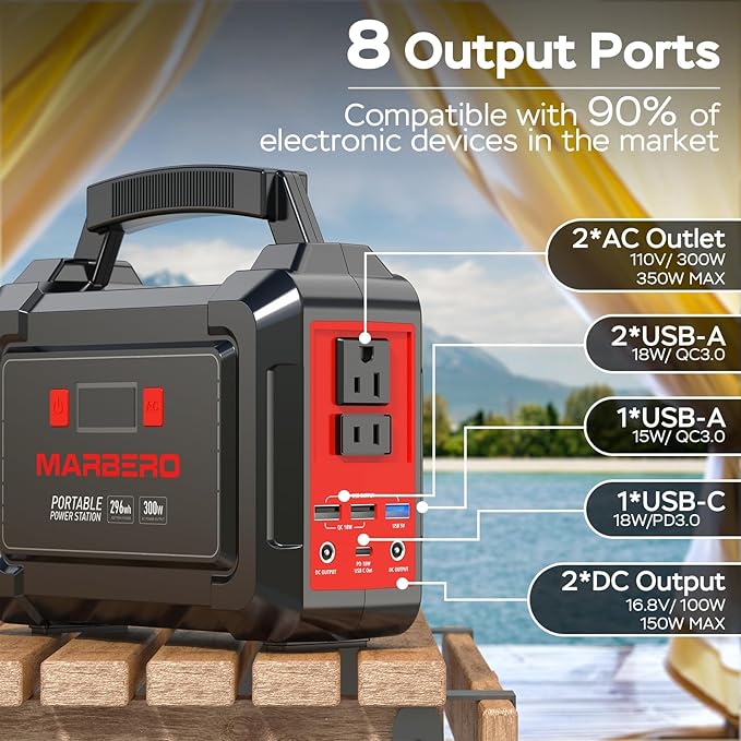 MARBERO Portable Power Station 350W Peak Camping Solar Generator Laptop Charger 296Wh Power Bank with AC Outlet 110V with Multi-Output LED Flashlights for CPAP Home Camping Hurricane Emergency