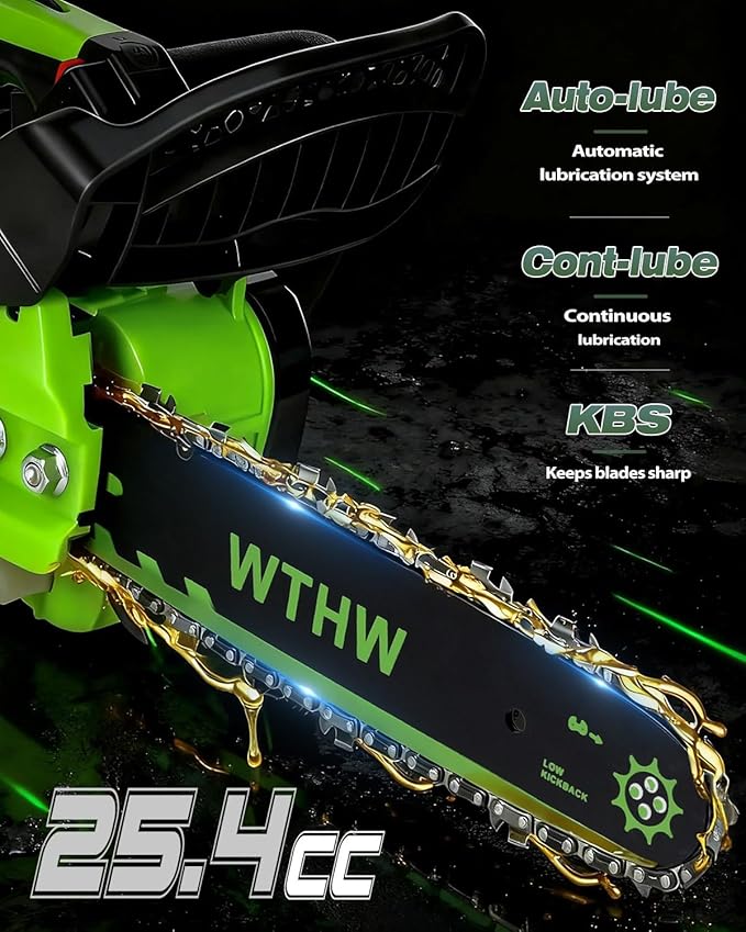 25.4CC Gas Powered Chainsaw 12 Inch, Lightweight Top Handle Handheld Chainsaw with Quenched Chain, Auto Lubrication, Safety Lock & Quick Stop for Tree Wood Cutting