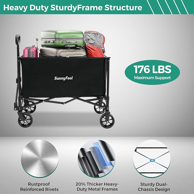 SUNNYFEEL Collapsible Wagon Cart with Wheels Foldable - 176lbs Standard Borderless Version Wagon Carts for Grocery Sports Garden Shopping Camping(Black, 164L)