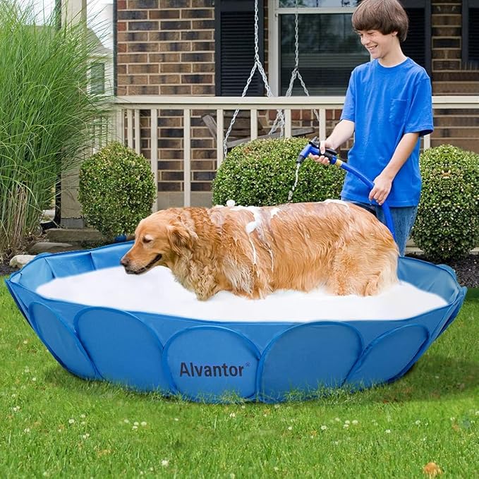 Alvantor Pet Swimming Pool - Foldable, Portable Dog Bathing Tub and Kiddie Pool - Indoor/Outdoor Fun - 63"x12" - Patent Pending