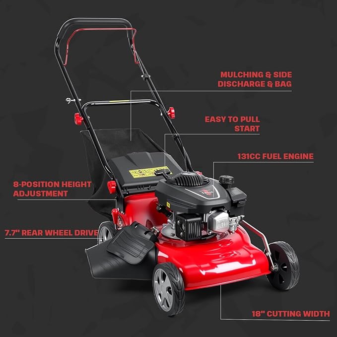 3 in 1 Self-Propelled Lawn Mower, 18 Inch 131cc Gas Powered Walk Behind Mower with Mulch/Side Discharge/Rear Bag, Rear Wheel Drive for Yard & Garden Red
