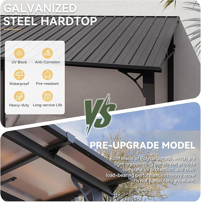 Aoxun 10' x 12' Lean to Gazebo, Hardtop Outdoor Pergola with Sloping Galvanized Steel Roof, Large Wall-Mounted Heavy Duty Awnings for Patio, Backyard, Deck, Porch (Dark)