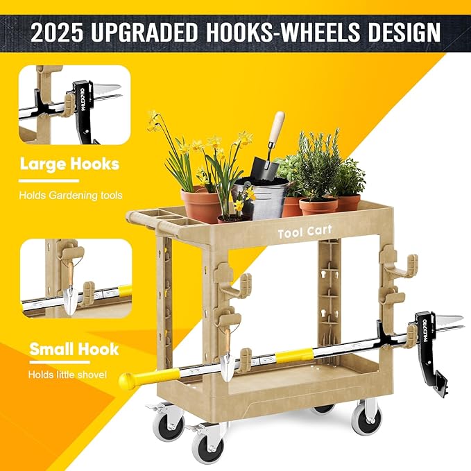 Heavy Duty Garden Tool Carts,600LBS Capacity 2 Tier Yard Tool Storage Rack with Side Hooks Garage Tool Cart with 360°Swivel Wheels Outdoor Garden Tool for Shed, Yard, Garage,Sand
