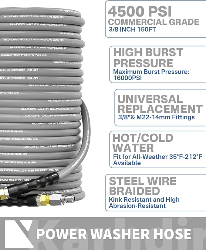 Pressure Washer Hose 150FT 3/8" for Cold and Hot Water 212°F, with Swivel Quick Connect, 4500PSI Kink Resistant Grade Steel Wire Braided, Power Washer Hose With 2pcs M22-14mm Adapter