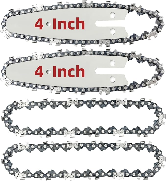 4 Inch Mini Chainsaw Chain and Bar for Replace Blade Pruner Mini Chainsaw Hand Held 4 Inch Cordless Chainsaw Chains 1/4"LP .043" Gauge 28 Drive Links for Wood Cutting [4Chains + 2Bars]