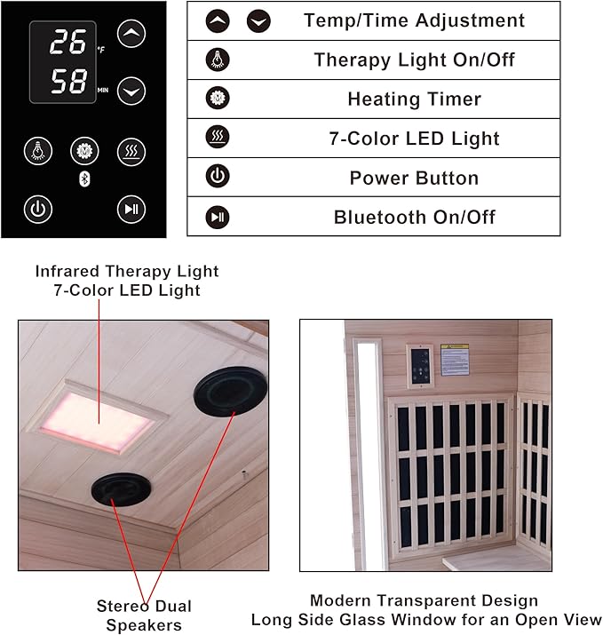 Far Infrared Home Sauna 1 Person, 1000W 110V Dry Indoor Sauna Okume Wood with 4 Heating Panels, Bluetooth Speaker, LED Lights and Glass Door, Room: 37.8 x 30.3 x 65.4 inches