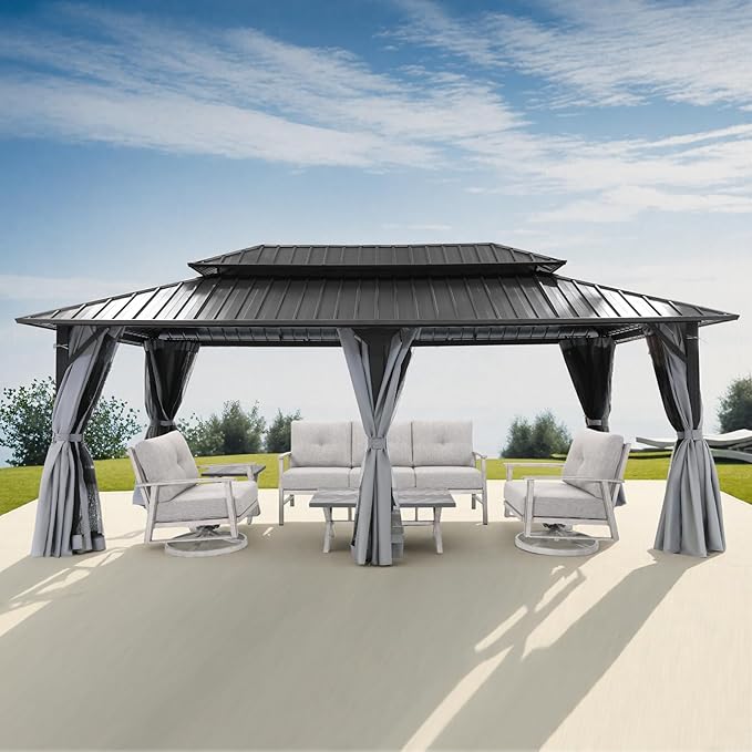12' x 20' Hardtop Gazebo, Outdoor Patio Gazebo, Aluminum Frame Patio Hardtop Gazebos with Netting and Curtain, Outdoor Patio Pergola with Double Steel Roofs for Deck, Lawn, Parties, Slate Gray