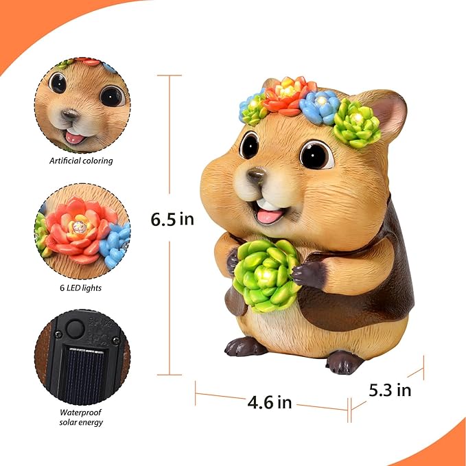 Solar Garden Decor Outdoor Statues Hamster with Succulent and LED Lights Birthday Gifts for Women Mom Grandma Outside Decorations for Lawn, Porch, Yard, Patio, Balcony