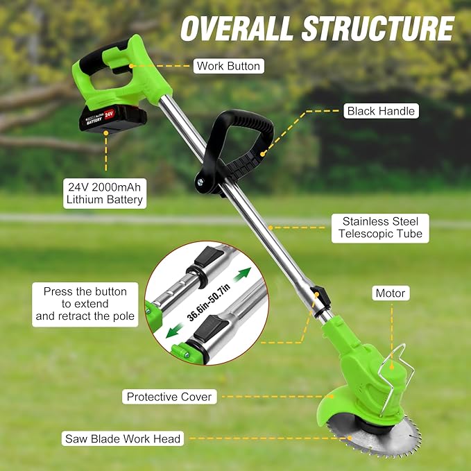 ALSO GO Electric Weed Wacker Grass Trimmer, 3 in 1 Weed Eater Battery Powered, Cordless Trimmer with 2pcs 24V Batteries, Stringless Lightweight Lawn Edger Brush Cutter for Lawn Garden Yard