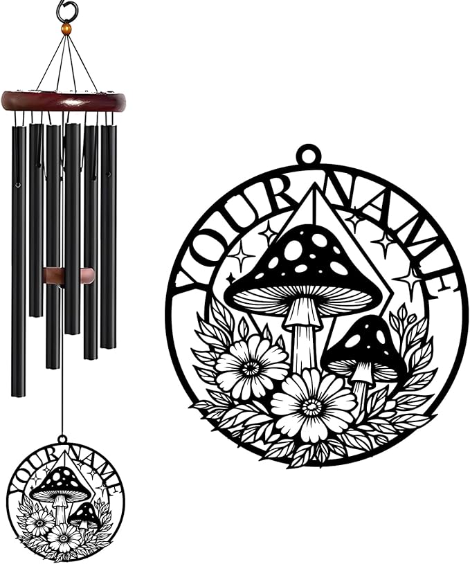 Personalized Customize Name Fantasy Mushroom Wonderland Wind Chime, Metal Iron 37 Inch Outdoor Memorial Gift for Garden Yard Patio Home Decor, Black (Style I)
