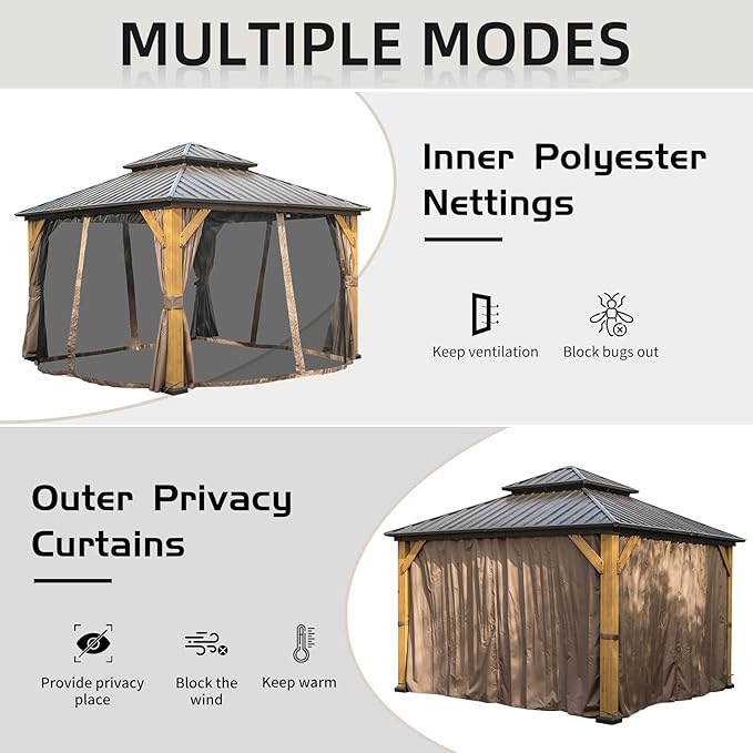 Domi Hardtop Gazebo 12’x12’ Cedar Frame Wood Gazebo with Galvanized Steel Double Roof, Outdoor Permanent Metal Gazebo with Curtains and Netting for Patio,Deck,Backyard