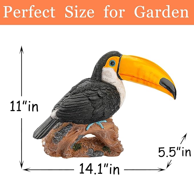 Real Toucan Statue, Vibrant Colorful Outdoor Bird Decor - 14.2" Resin Animal Sculpture,Waterproof & Weather-Resistant, Perfect Garden Patio Yard Ornament, Tropical Tiki Bar Accent,Gift for Bird Lovers