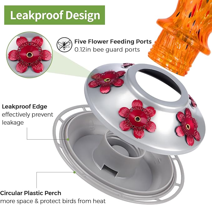 Hummingbird Feeders for Outdoors Hanging, BOLITE Glass Hummingbird Feeder, Hand Blown Twisted with Ant Moat and Five Feeding Ports, 24 Ounces, Leak Proof, Orange, Gifts for Women Men